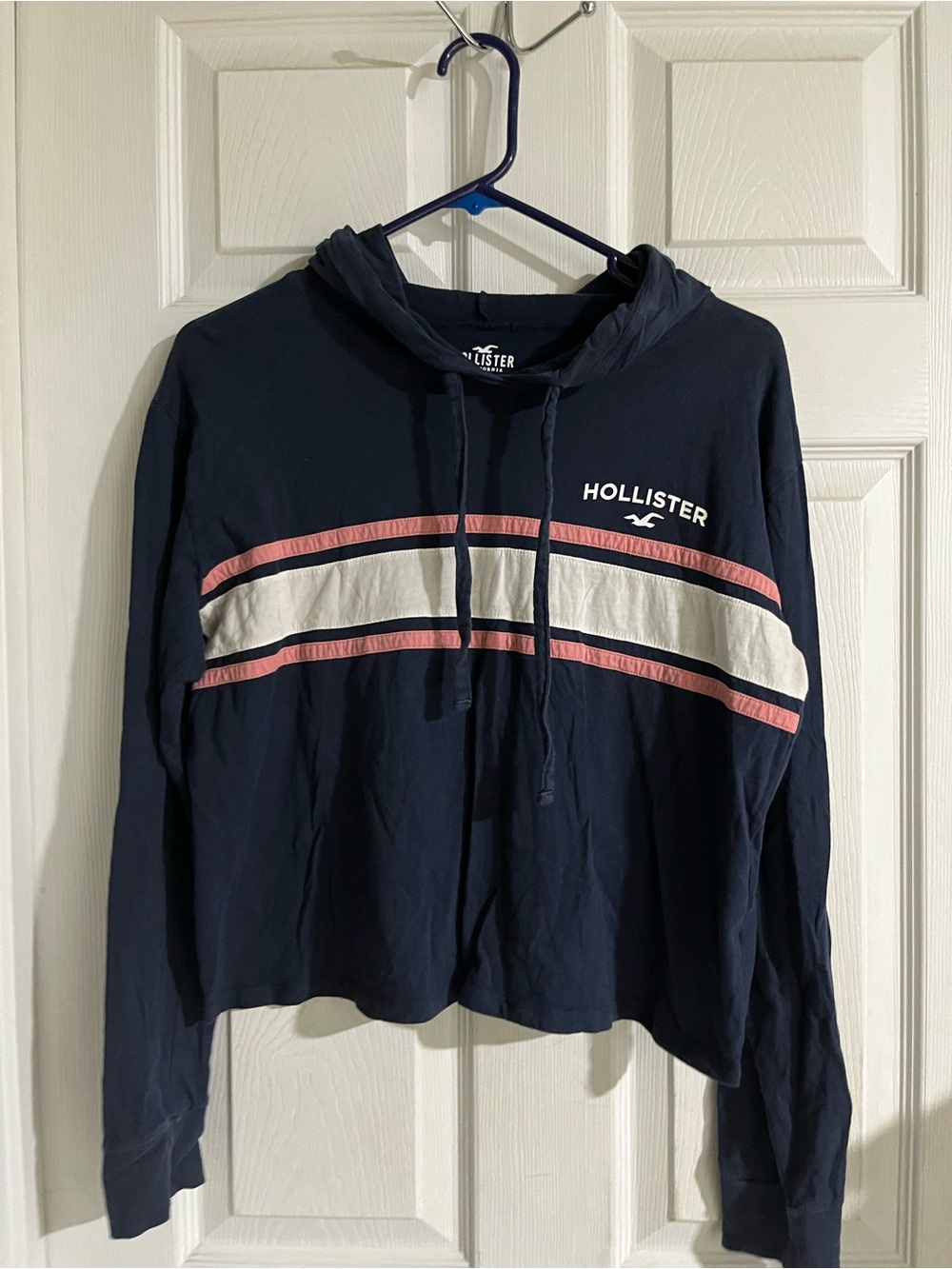 Hollister Navy Long-Sleeve Hooded Tee with Pink and White Stripes